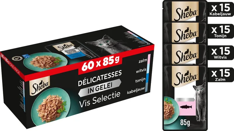 Delicatesse Maaltijdzakjes - Kattenvoer -Vis Selectie in gelei - 60x85 g by Sheba – product photo