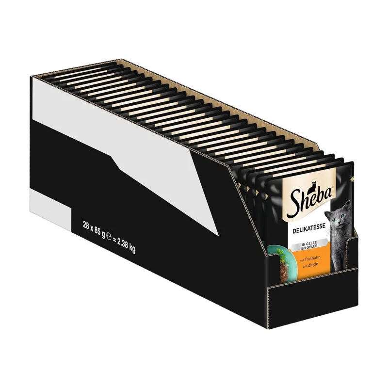 Delikatesse Katzen Nassfutter im Portionsbeutel mit Truthahn in Gelee 28 × 85 g från Sheba – produktbild