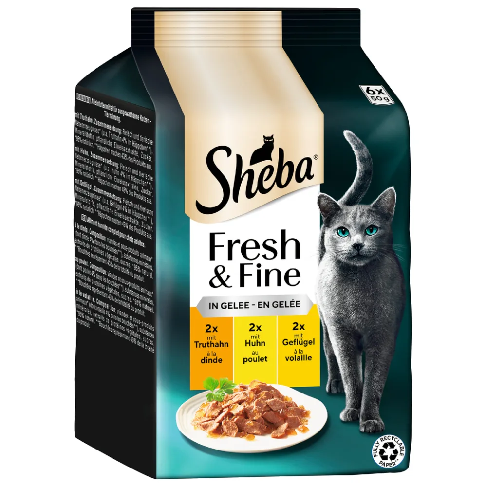 Fresh & Fine in Gelei/Saus Kattenvoer Megapack 12 x 50 g - Kalkoen, Kip & Gevogelte in Gelei van Sheba – productfoto