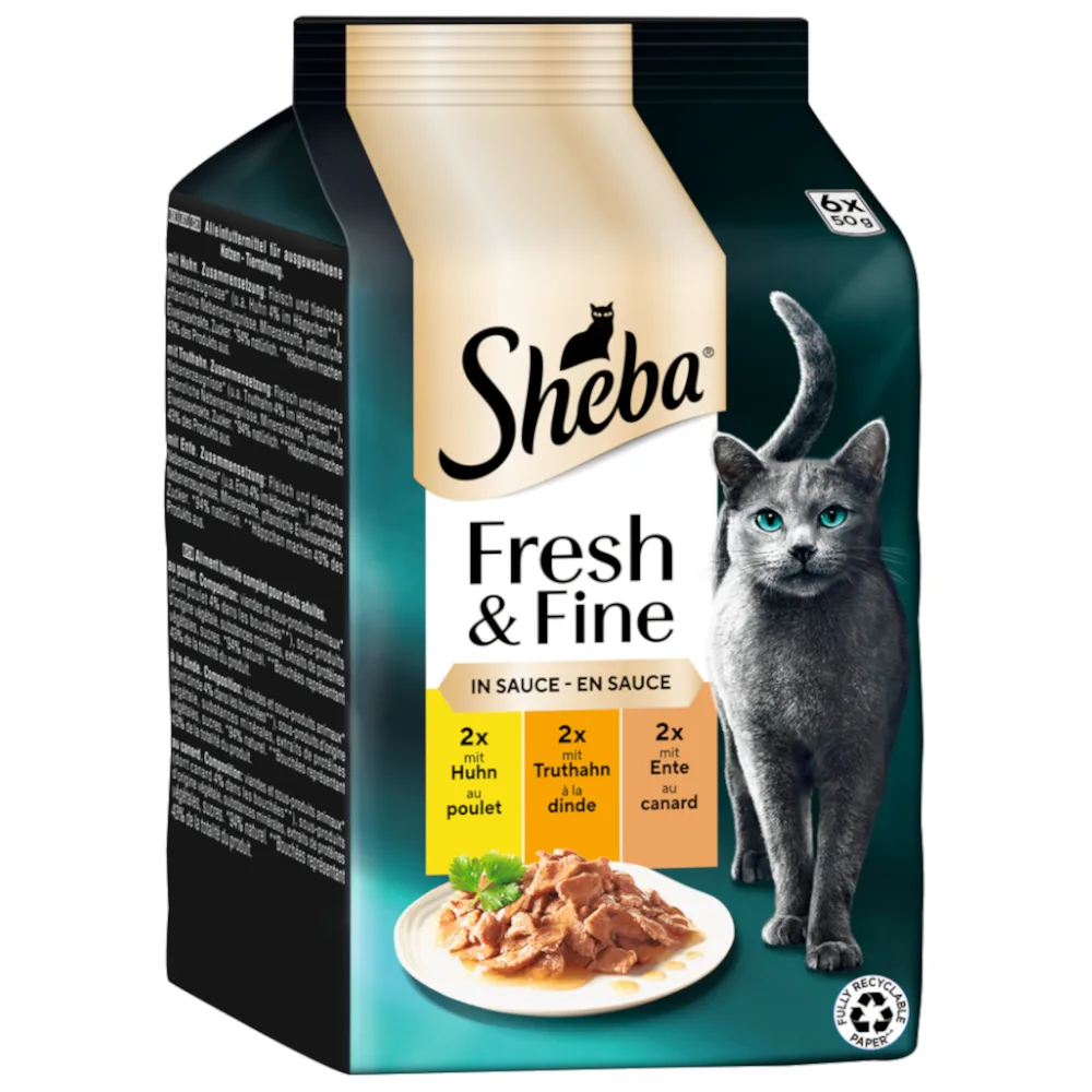 Fresh & Fine in Gelei/Saus Kattenvoer Megapack 12 x 50 g - Kip, Kalkoen & Eend in Saus van Sheba – productfoto