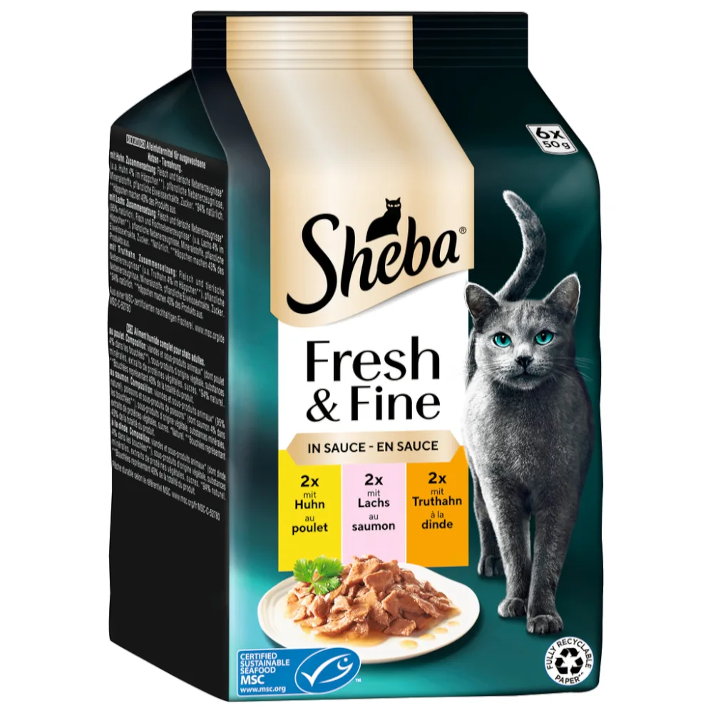 Fresh & Fine in Gelei/Saus Kattenvoer Megapack 12 x 50 g - Kip, Zalm en Kalkoen in Saus by Sheba – product photo