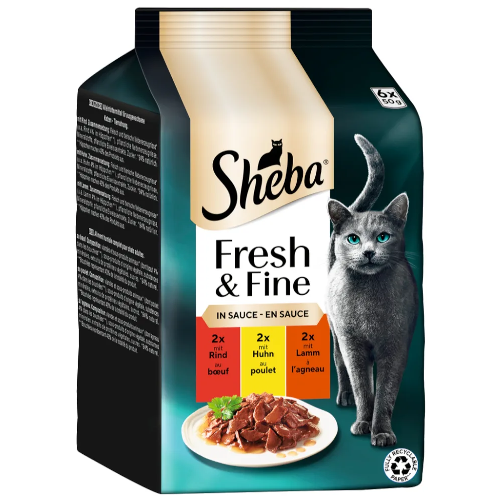 Fresh & Fine in Gelei/Saus Kattenvoer Megapack 12 x 50 g - Rund, Kip & Lam in Saus by Sheba – product photo