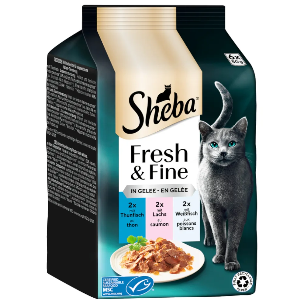 Fresh & Fine in Gelei/Saus Kattenvoer Megapack 12 x 50 g - Tonijn, Zalm & Witvis in Gelei van Sheba – productfoto