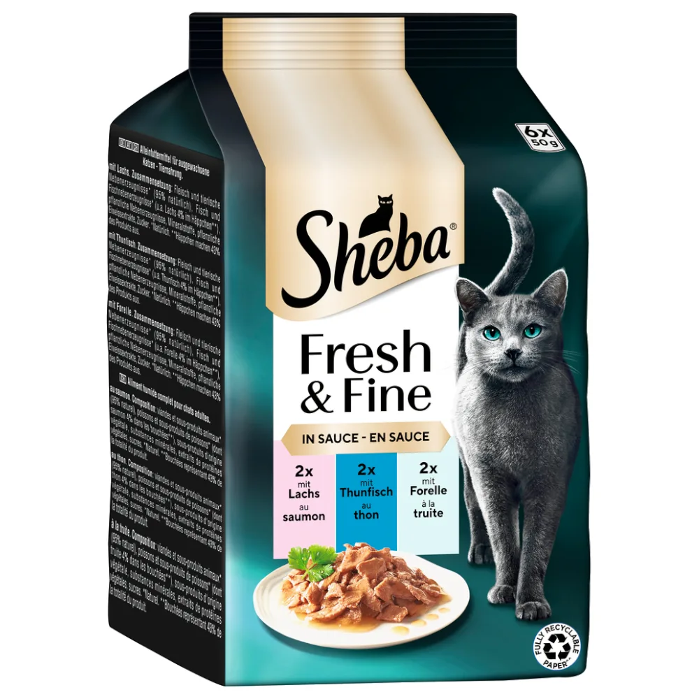 Fresh & Fine in Gelei/Saus Kattenvoer Megapack 12 x 50 g - Zalm, Tonijn & Forel in Saus van Sheba – productfoto
