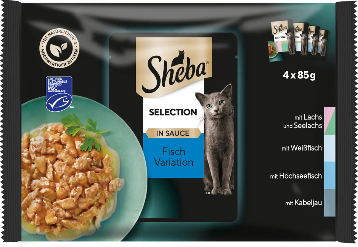 Frischebeutel Selection in Sauce Fisch Variation 4x85g - 340 g von Sheba – Produktfoto