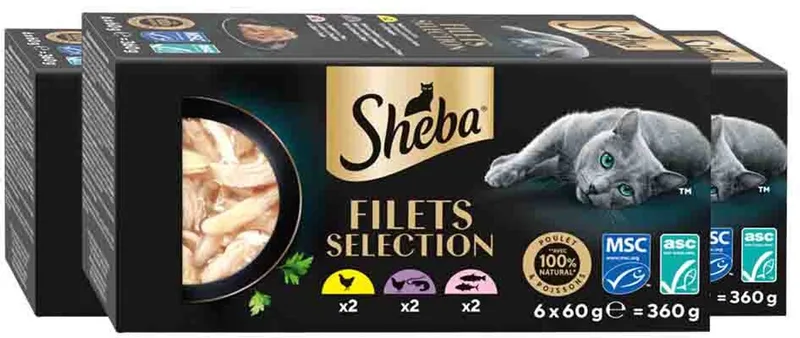 Kattenvoer Nat Filets Kip & Zalm in Saus Multipack - 3 x 6x60 gr - Voordeelverpakking von Sheba – Produktfoto