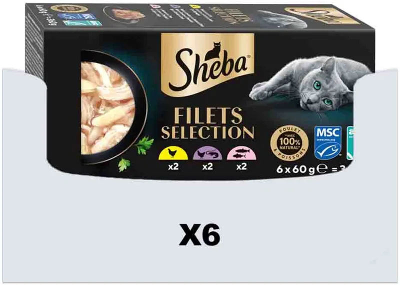 Kattenvoer Nat Filets Kip & Zalm in Saus Multipack - 6 x 6x60 gr - Voordeelverpakking de Sheba – photo produit