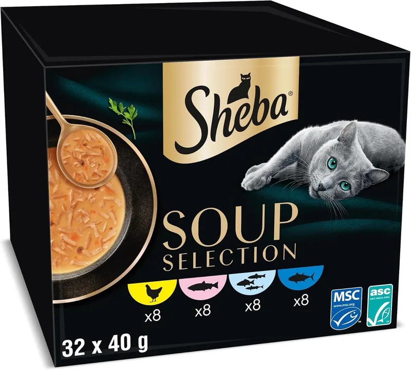 Kattenvoer - Soep Natvoer - Mix (kip, tonijn, zeevis en zalm) - 32 x 40 g - Soup Selection fra Sheba – produktbillede