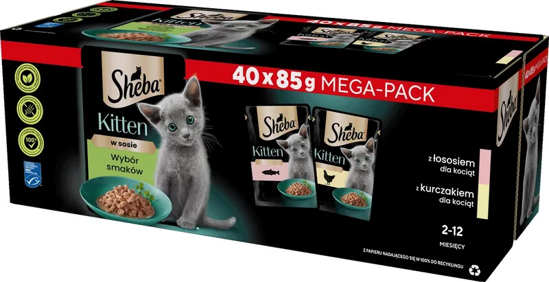 Kitten Serie - Natvoer Bewerking - Smaakselectie - Zalm en Kip - 85g per Zak - 40 Stuks de Sheba – photo produit