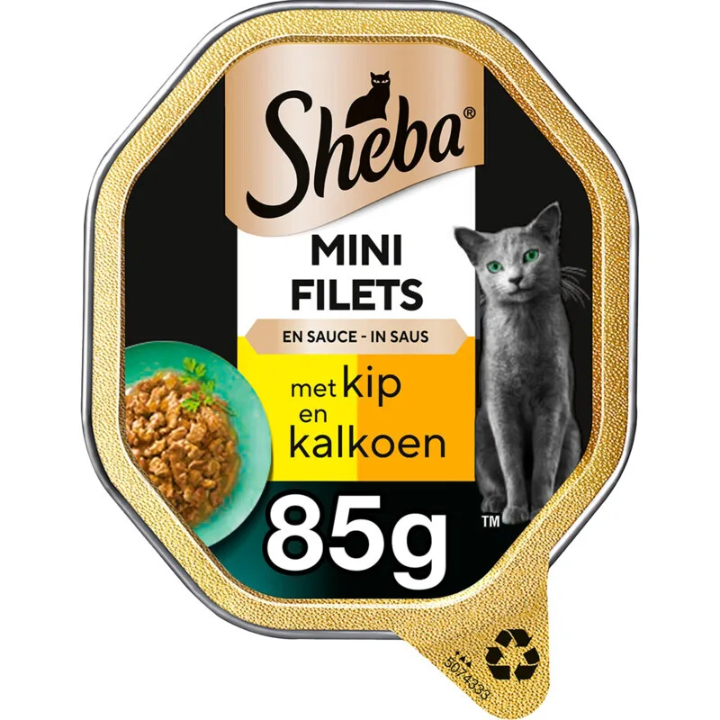 Mini Filets kattenvoer blik, hoog eiwit, verschillende smaken, 85 g kip & kalkoen by Sheba – product photo