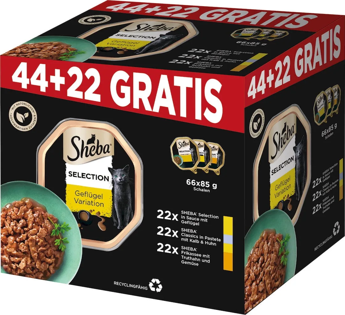 Schale Pluspack 44 + 22 Gratis (3 Sorten) - 5,61 kg von Sheba – Produktfoto