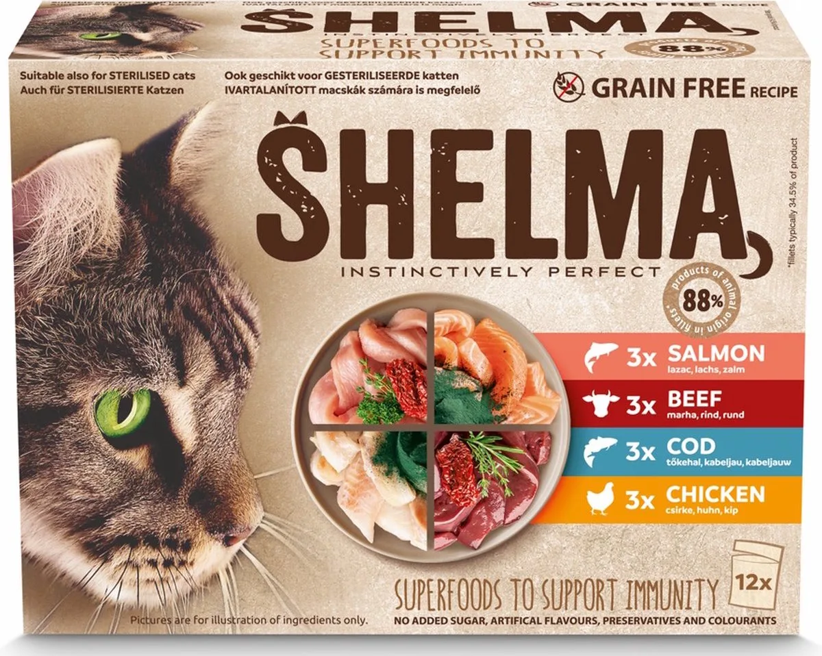 2x Shelma zalm, rund, kabeljauw, kip graanvrij 12 zakjes van Shelma – productfoto