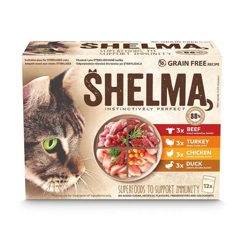 Kalkoen Eend Kip En Rundvlees In Saus 12x85g Natvoer Voor Katten by Shelma – product photo 1 of 5
