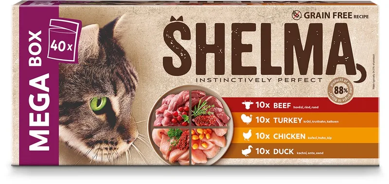 Kattenvoer Mega box (40x85g) – Graanvrij – Hoog Vleesgehalte von Shelma – Produktfoto