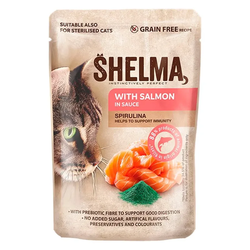 Nassfutter Für Katzen Mit Lachs In Soße 85g von Shelma – Produktfoto