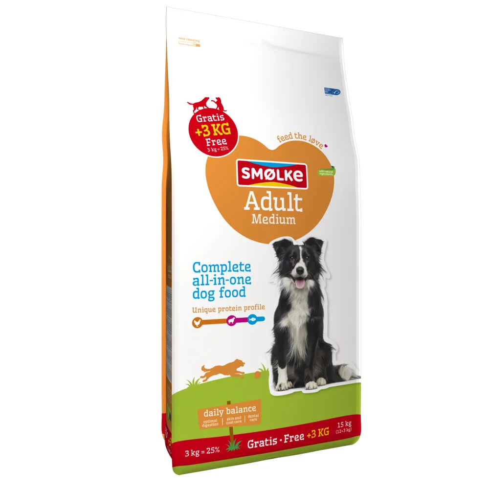 Hondenvoer Adult Medium 12 + 3 kg van Smølke – productfoto