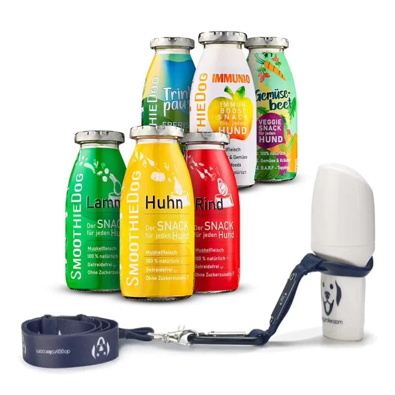Mix 6x 250 ml + Doggyroller Blau mit Karabiner + Lanyard by Smoothiedog in Regular – product photo