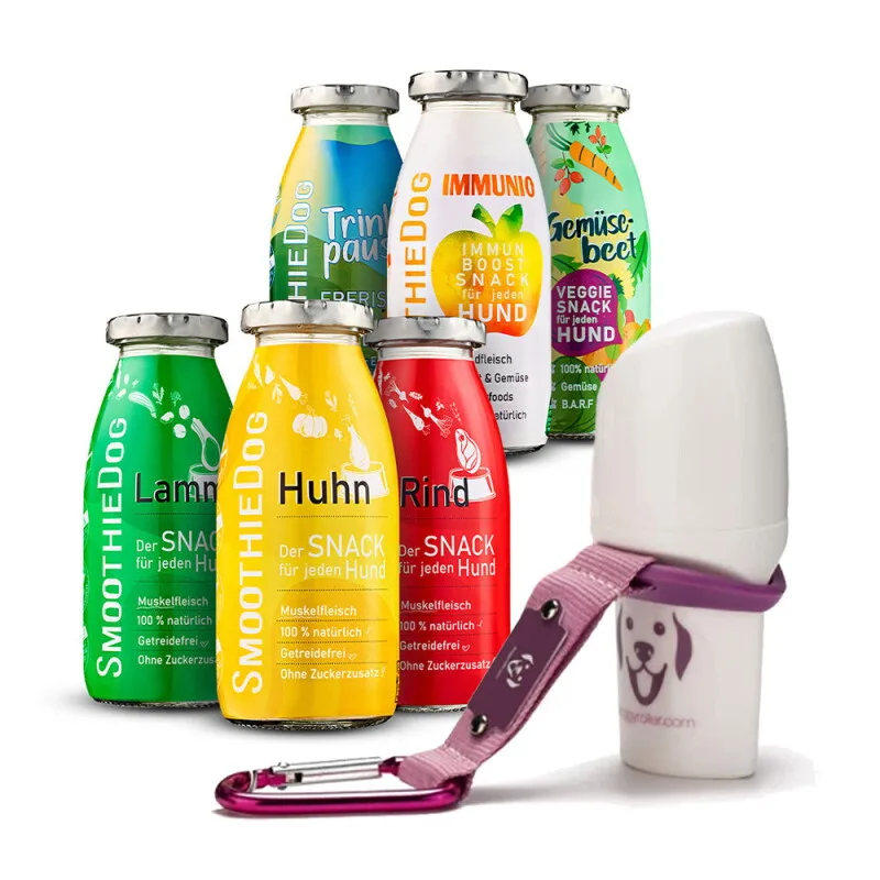 Mix 6x 250 ml + Doggyroller Rosa mit Karabiner de Smoothiedog en Regular – photo produit