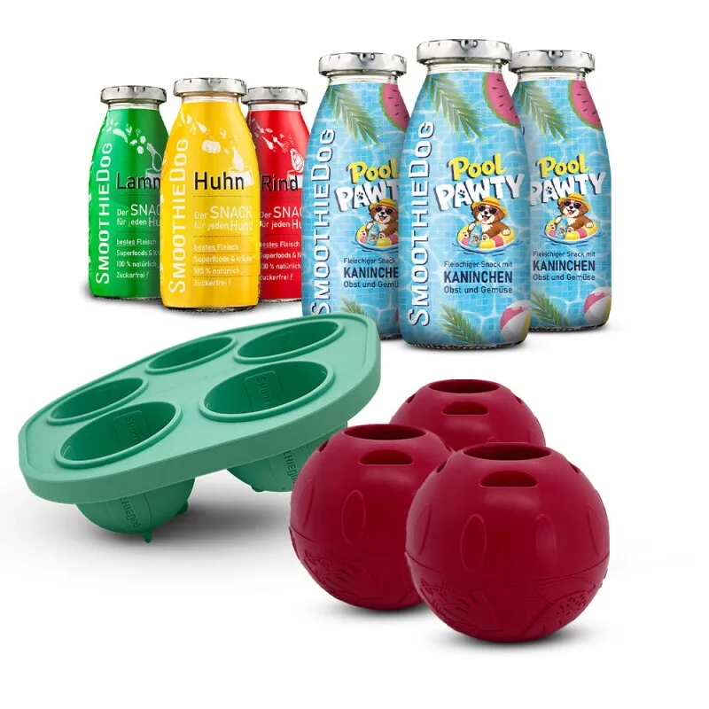 Summer-Edition 3x 250 ml + Klassik-Paket 3x 250 ml + Schleckball 3 Stück von Smoothiedog in Regular – Produktfoto