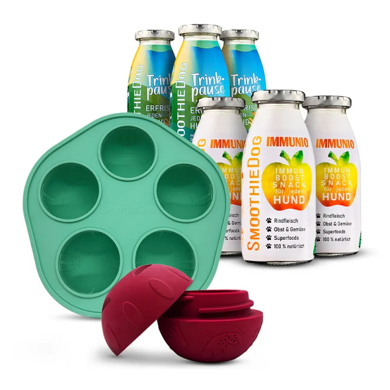 Trinkpause (Ente) 3x 250 ml + Immunio (Rind) 3x 250 ml + Schleckball von Smoothiedog in Regular – Produktfoto