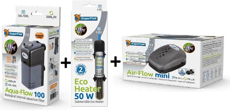 AquaFlow Dual Action 100 - Aquariumfilter - Aquarium + Superfish - Eco Heater - 50w 17cm + + Air Flow Mini - Aquariumpomp - Beluchting - Combideal de SuperFish – photo produit