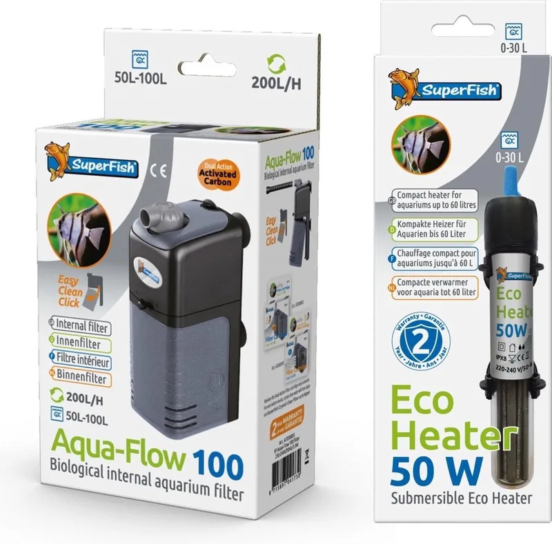 AquaFlow Dual Action 100 - Aquariumfilter - Eco Heater - 50W by SuperFish in Black – product photo