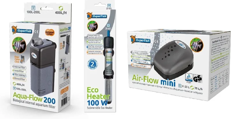 AquaFlow Dual Action 200 - Aquariumfilter + SuperFish - Eco heater - 100w - 21cm + Air Flow Mini - Aquariumpomp - Beluchting - Combideal by SuperFish in Black – product photo