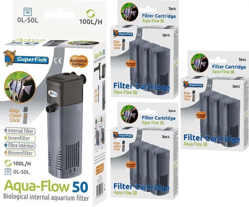 AquaFlow Dual Action 50 - Aquarium - Filter + navulling 3 x 3 stuks de SuperFish – photo produit