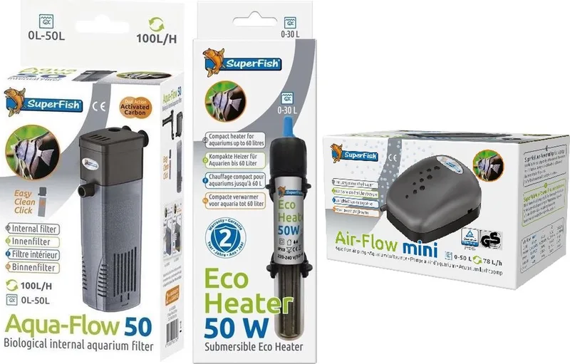 AquaFlow Dual Action 50 - Aquarium + Superfish - Eco Heater - 50w - 17cm + Air Flow Mini - Aquariumpomp - Beluchting - Combideal fra SuperFish i Sort – produktbillede