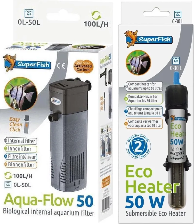 AquaFlow Dual Action 50 - Aquarium + Superfish - Eco Heater - 50w - 17cm by SuperFish in Black – product photo