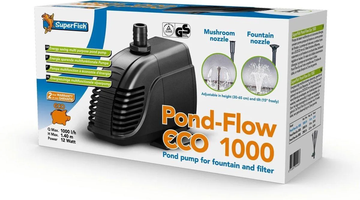 Pond Flow Eco 1000 Vijverpomp - 1000 L/h - 12W - Inclusief sproeikoppen van SuperFish – productfoto