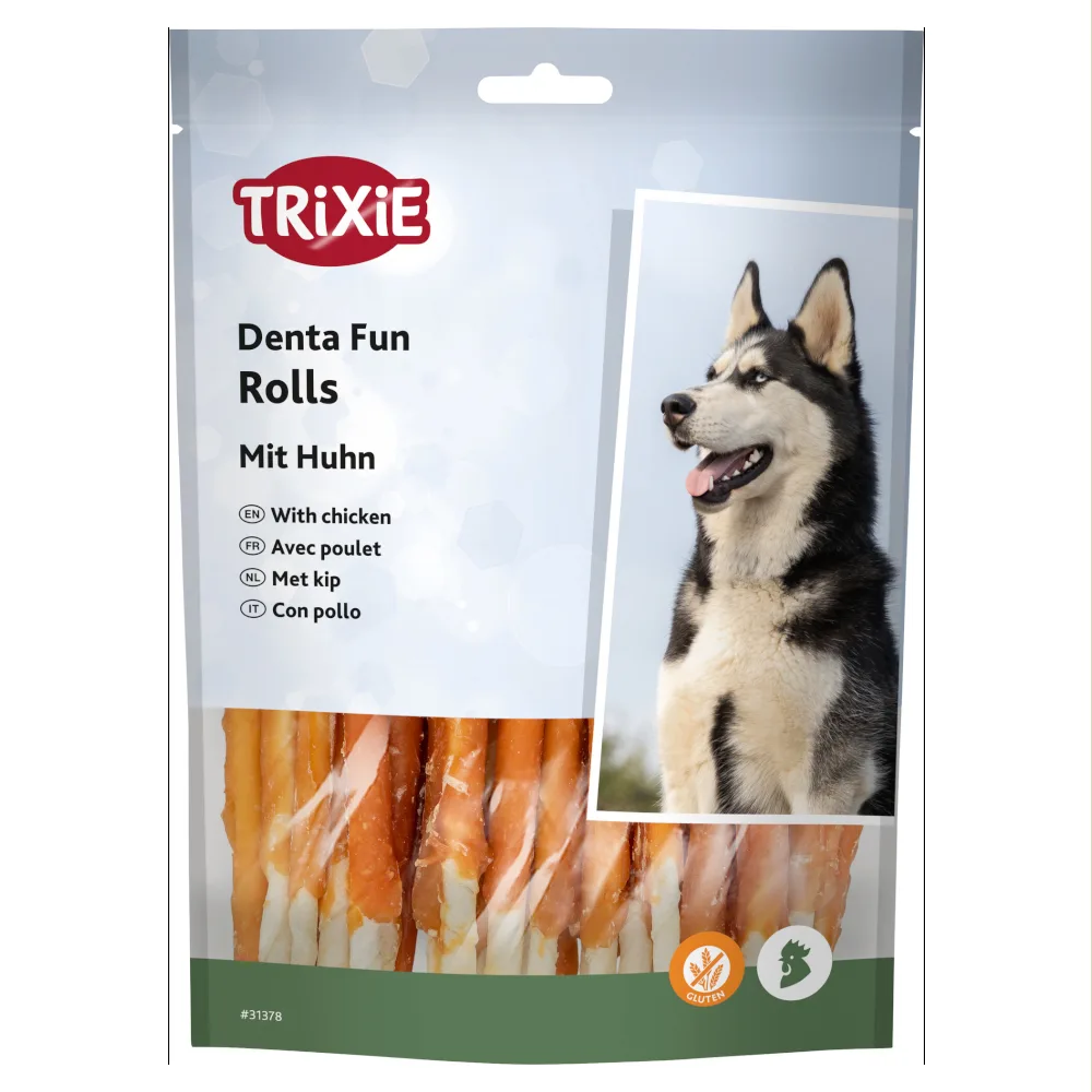 2x240g Trixie Denta Fun Chicken Chew Rolls ca. 12cm Hondensnacks de Trixie – photo produit