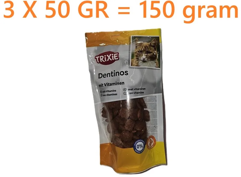 dentinos - kattensnack 50 gr *** 3 X *** = 150 gr - geen toegevoegde suiker - verrijkt met vitamine A-D-E de Trixie – photo produit