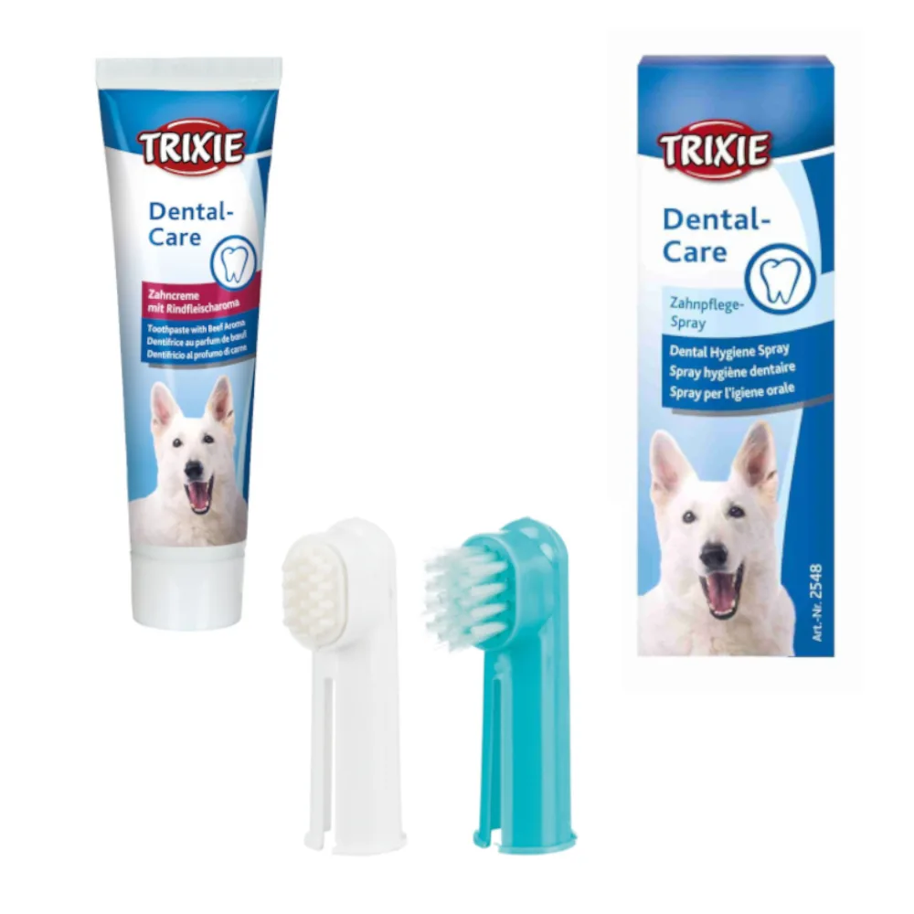 ingesteld: Tandpasta met rundvleessmaak 100g, tandenborstel & massageborstel, gebitsverzorgingsspray 50m voor honden de Trixie – photo produit