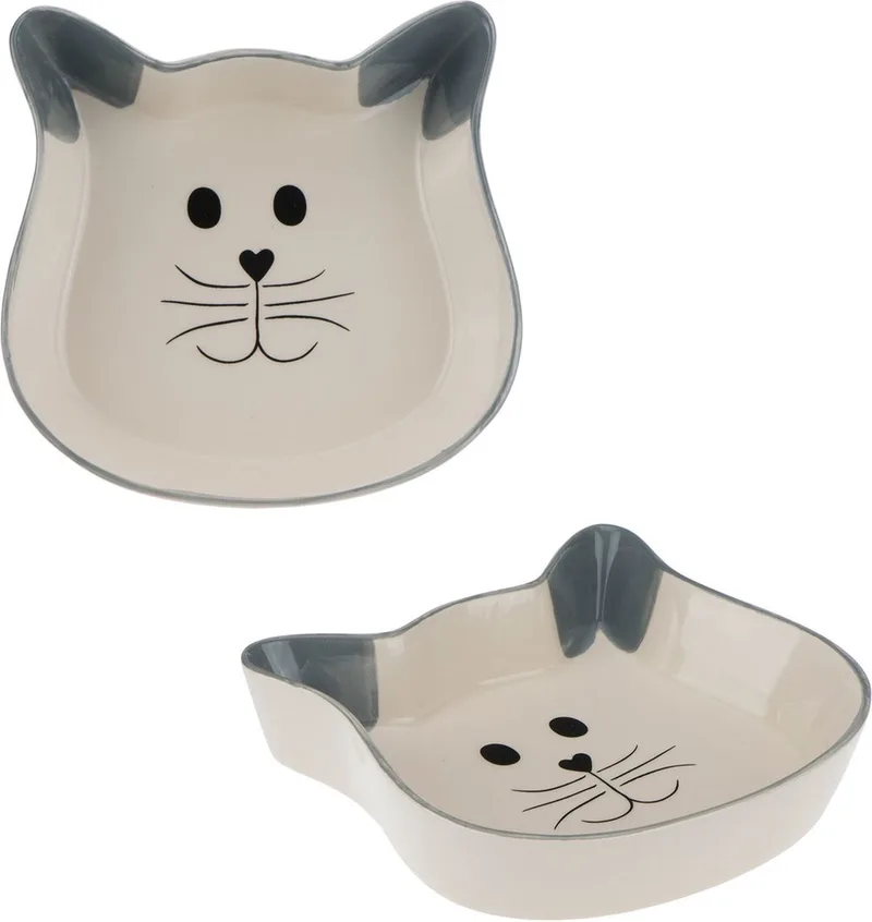 Keramische Voerbak met Kattengezicht - 250 ml, Ø 12 cm (Set van 2) kat katten poes poezen. de Trixie en Wit grijs zwart – photo produit