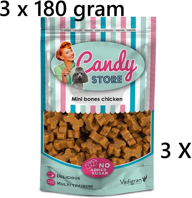 candy store - hondensnacks - minibones kip - 180 gr *** 3X*** = 540 gr - geen suiker toegevoegd - multi training by Vadigran – product photo