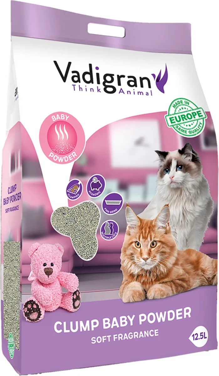 Kattenbakvulling 12kg babypowder afkomst uit Europa de Vadigran – photo produit