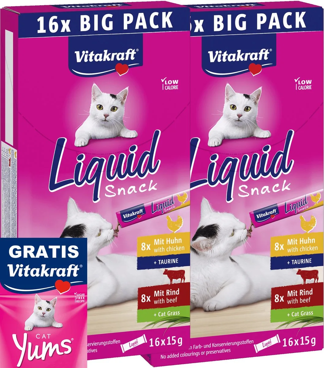2 stuks Vitakraft liquid snack multipack kip en rund met GRATIS Vitakraft Yums 40 gram van Vitakraft – productfoto