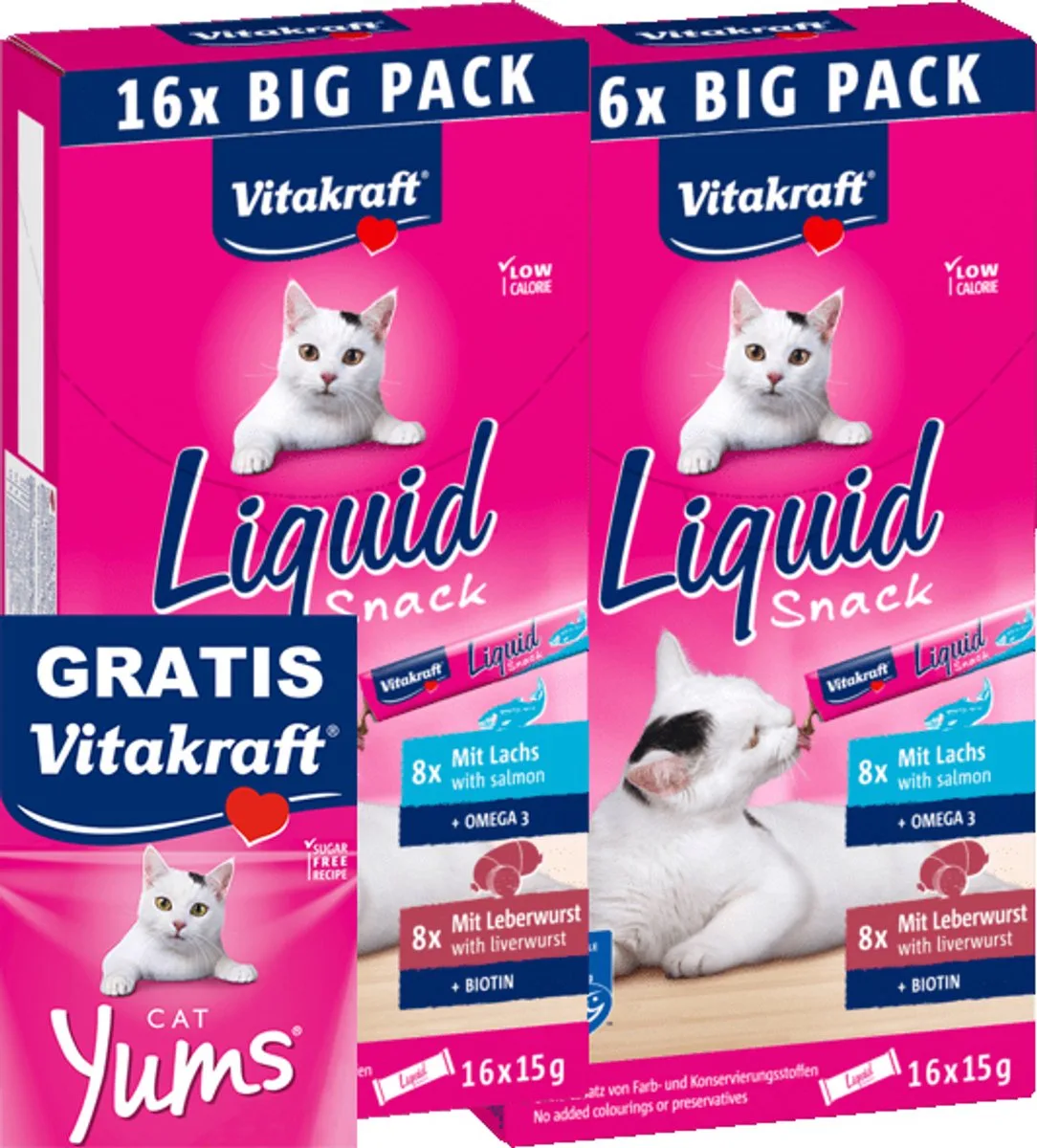 2 stuks Vitakraft liquid snack multipack zalm en leverworst met GRATIS Vitakraft yums 40 gram van Vitakraft – productfoto