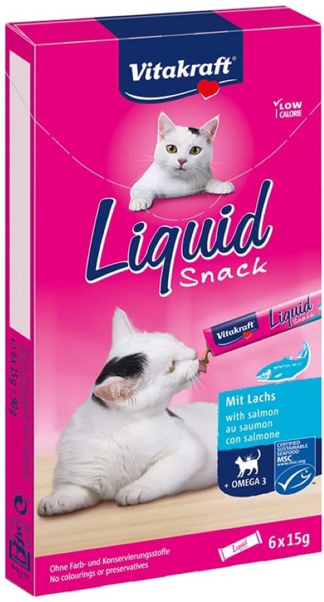 5x Vitakraft - Liquid Snacks met zalm - Omega 3 - 6x15g fra Vitakraft – produktbillede