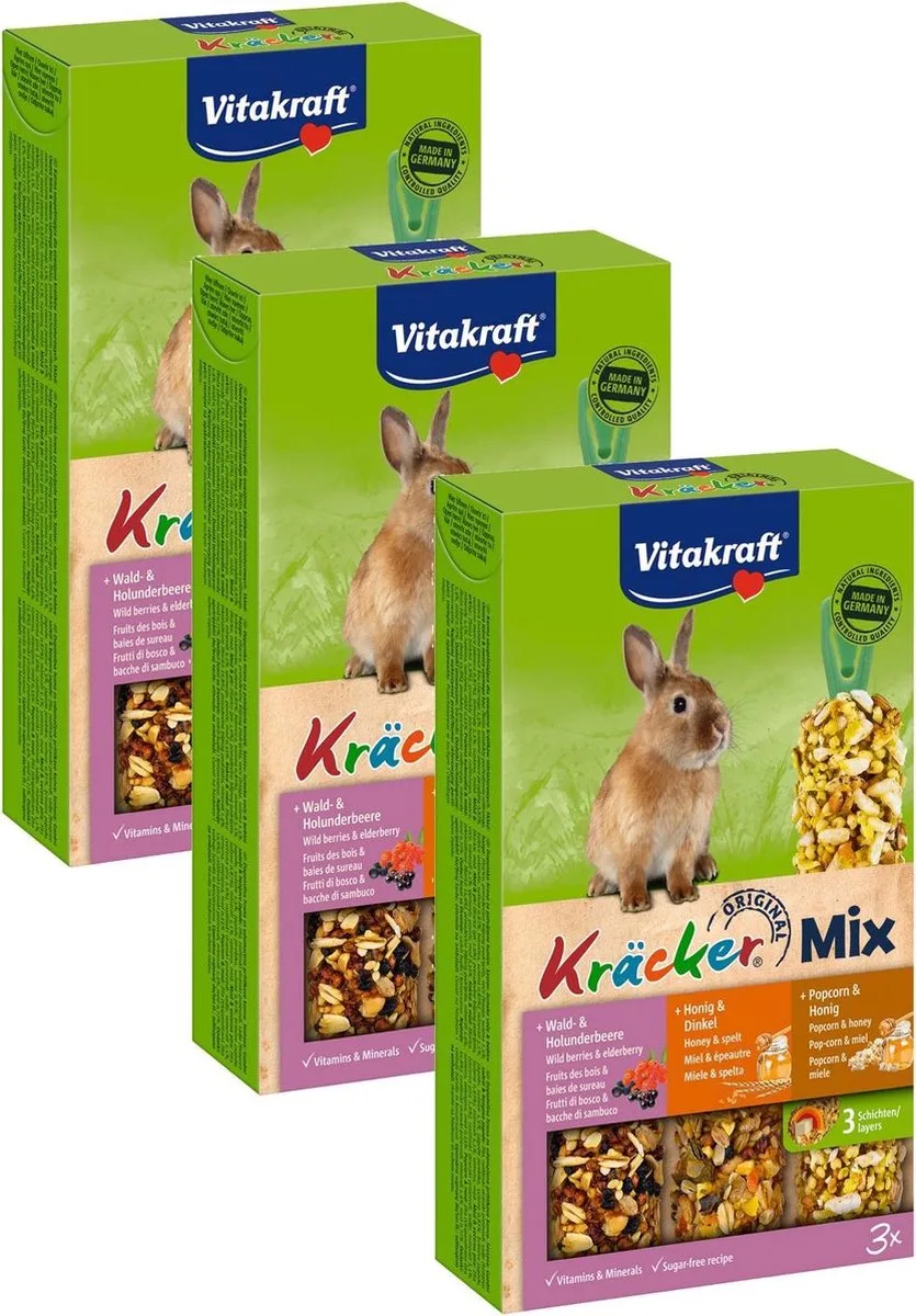 Konijn Kracker 3in1 - Konijnensnack - 3 x Honing&Popcorn&Active de Vitakraft – photo produit