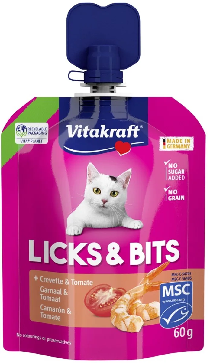 Licks & Bits Kat Kaas & Garnaal 1 x 60 gr - Kattensnack - Liquid Snack de Vitakraft – photo produit