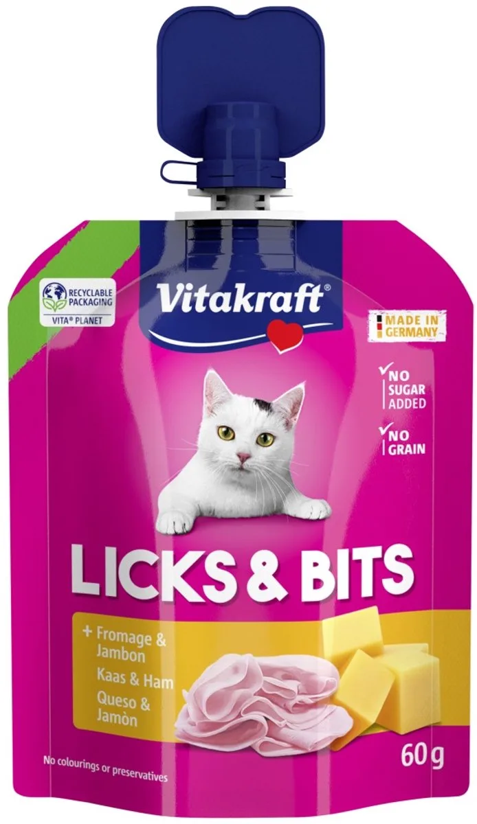 Licks & Bits Kat Kaas & Ham 1 x 60 gr - Kattensnack - Liquid Snack by Vitakraft – product photo