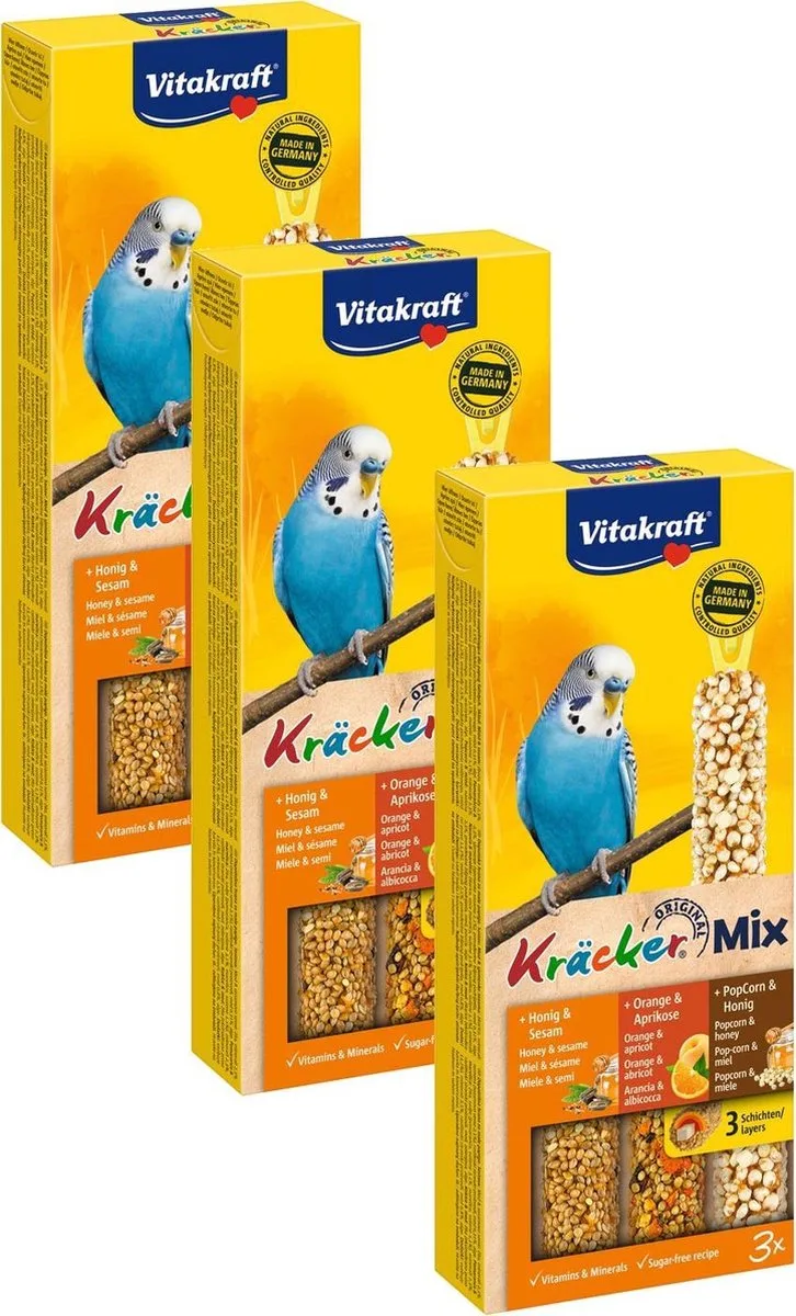 Parkiet Kracker 3 stuks - Vogelsnack - 3 x Honing&Sinaasappel&Popcorn van Vitakraft – productfoto