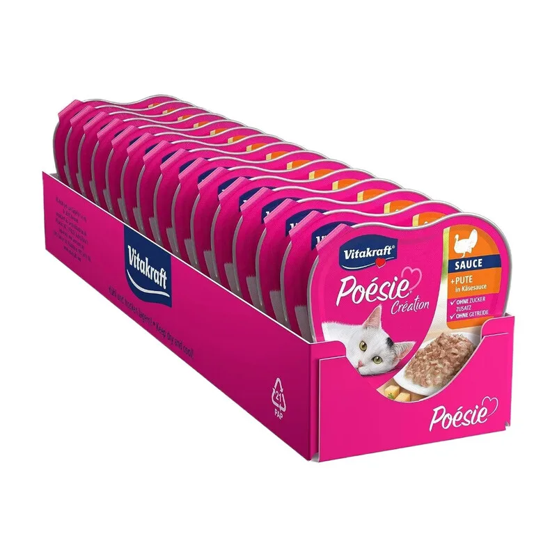 Poésie Création, Nassfutter Katze, Katzennassfutter in Sauce, mit Pute in Käsesauce, Vorratspackung, ohne Zusatz von Zucker und Getreide (15 × 85 g) von Vitakraft – Produktfoto