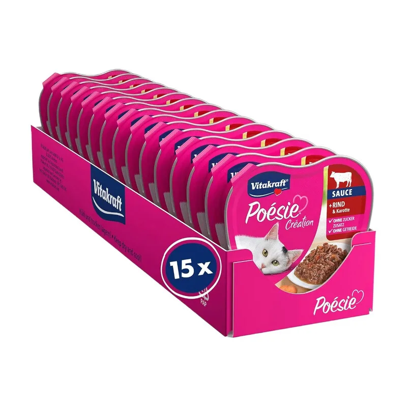 Poésie Création, Nassfutter Katze, Katzennassfutter in Sauce, mit Rind und Karotte, Vorratspackung, ohne Zusatz von Zucker und Getreide (15 × 85 g) von Vitakraft – Produktfoto