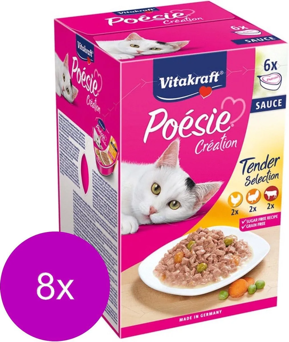 Poésie multipack saus - natvoer -8 verpakkingen 6x85 gram - met kip & groente in saus, rund & wortel in saus en kalkoen in kaassaus by Vitakraft – product photo