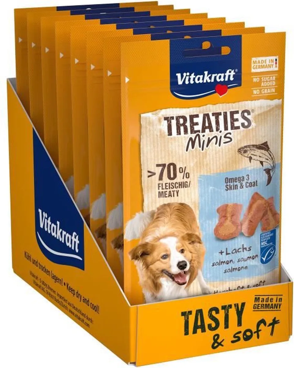 Treaties Mini Hondensnoepjes met Zalm + Omega 3 - Pak van 8 sachets van 48g van Vitakraft – productfoto