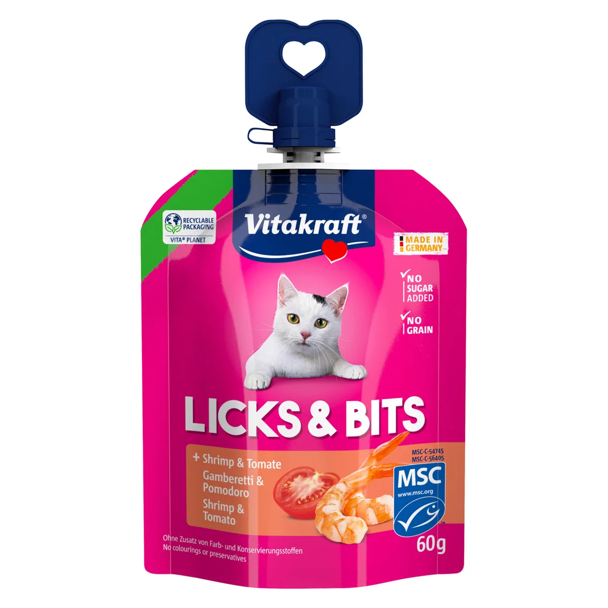 Voordeelpakket: 32x,60g Vitakraft Licks & Bits Shrimp & Tomaat kattensnacks van Vitakraft – productfoto