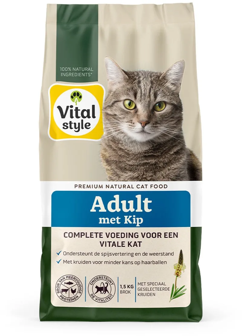 Adult Met Kip - Kattenbrokken - Gevarieerde Voeding Voor Een Levenslustige Kat - Met o.a. Peterselie & Smalle Weegbree - 1,5 kg by VitalStyle – product photo
